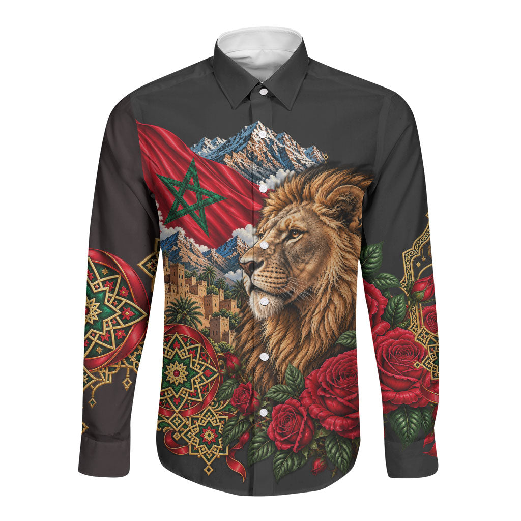 Morocco Independence Day Long Sleeve Button Shirt Atlas Lion Red Rose Atlas Mountain Heritage