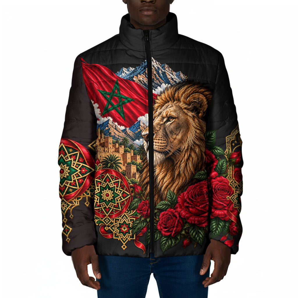 Morocco Independence Day Padded Jacket Atlas Lion Red Rose Atlas Mountain Heritage