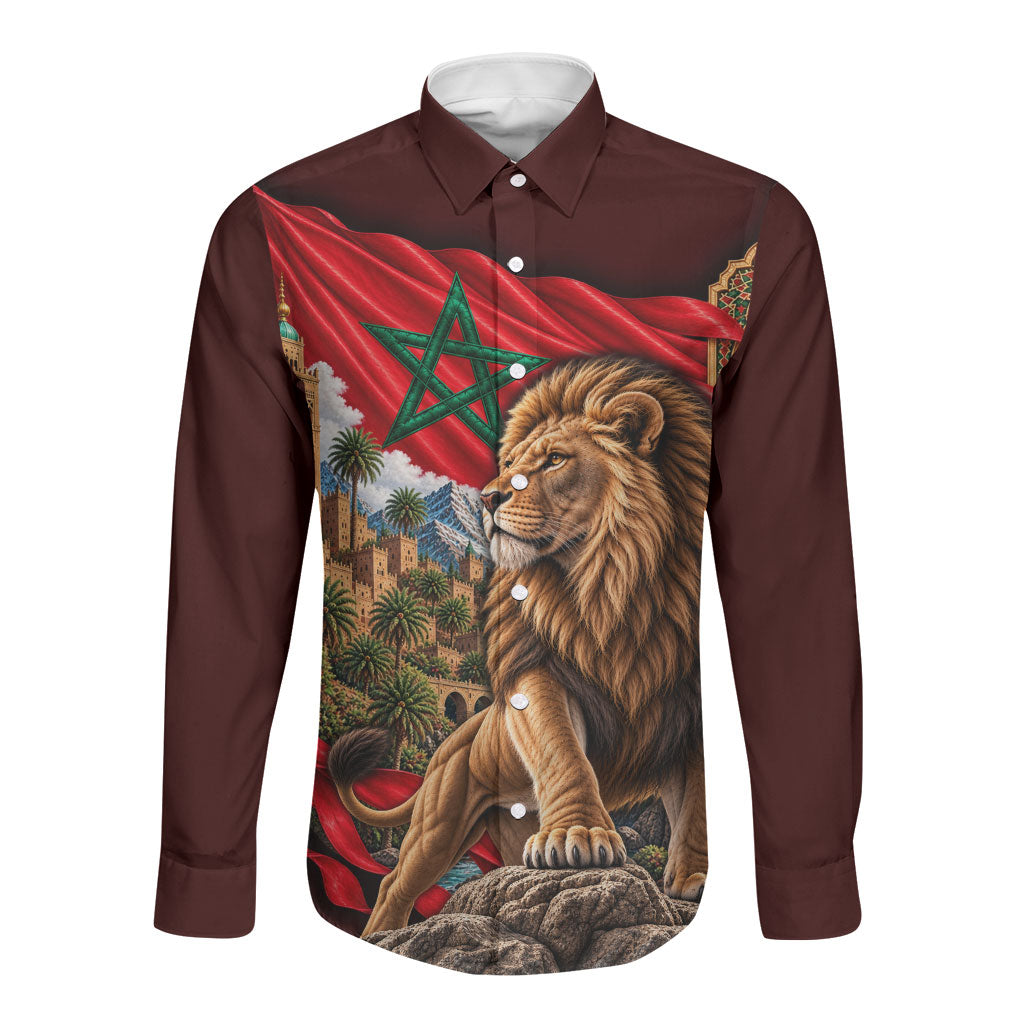 Morocco Independence Day Lion Long Sleeve Button Shirt Atlas Mountain Kasbah Heritage