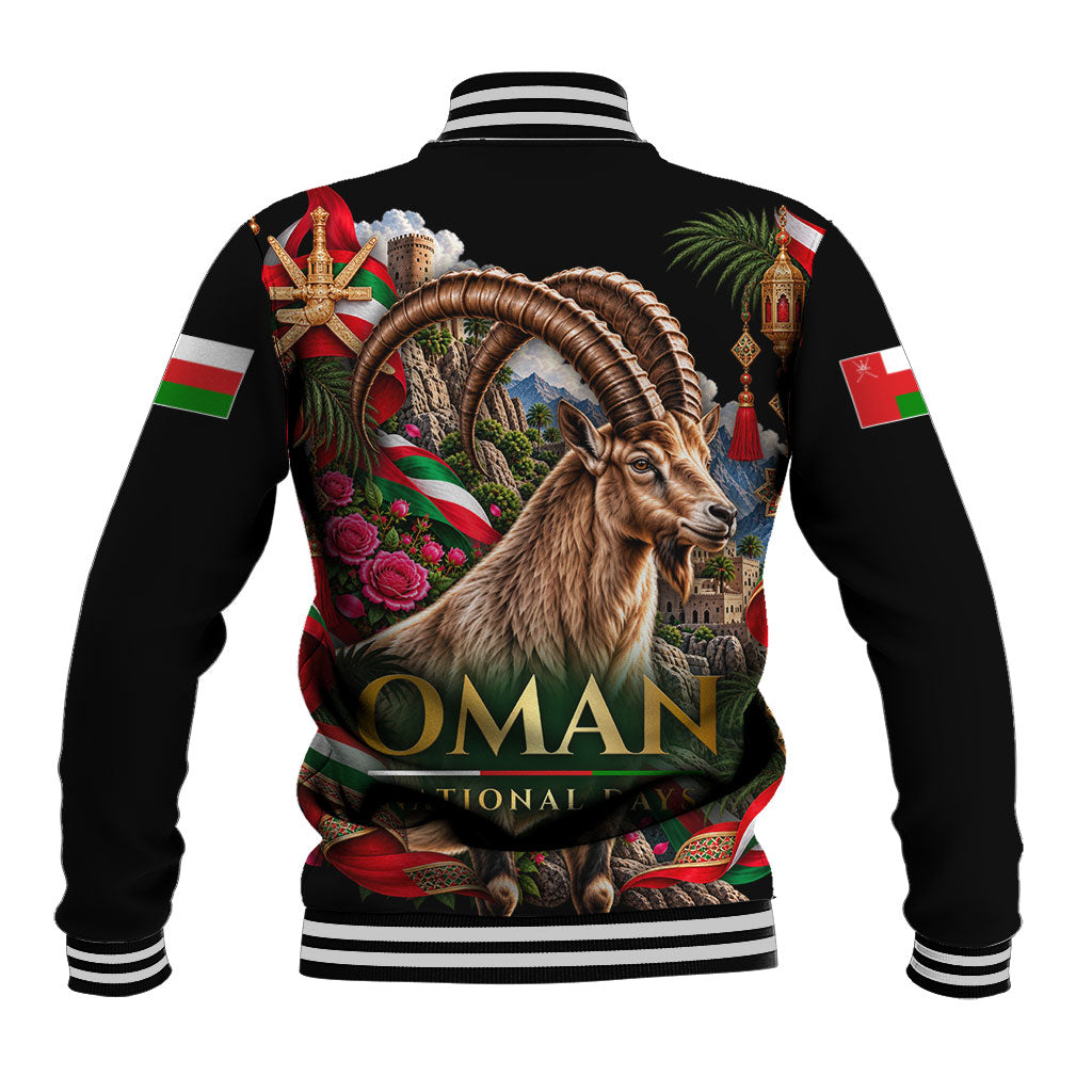 Oman National Days Ibex Baseball Jacket Pink Rose Geometric Heritage
