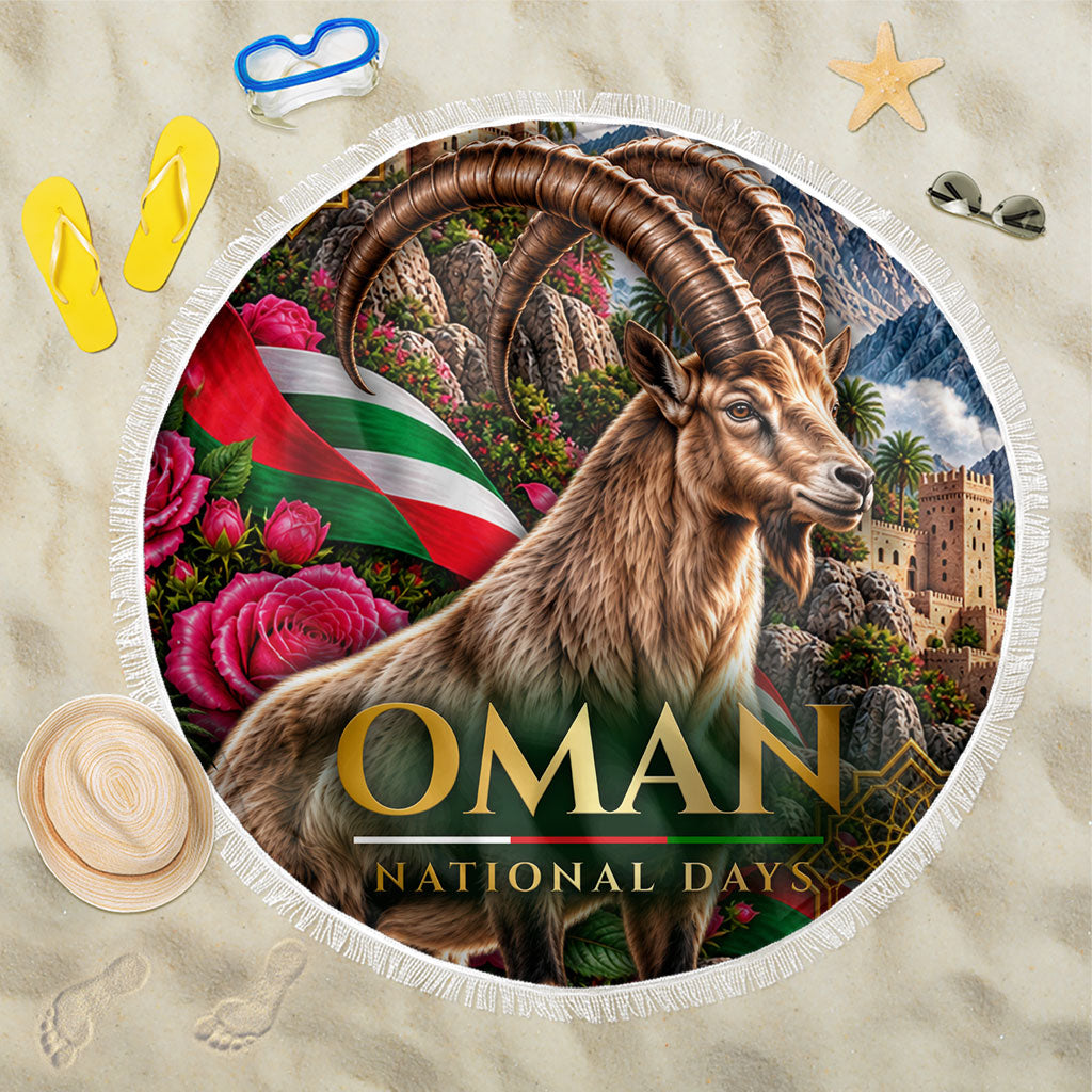 Oman National Days Ibex Beach Blanket Pink Rose Geometric Heritage