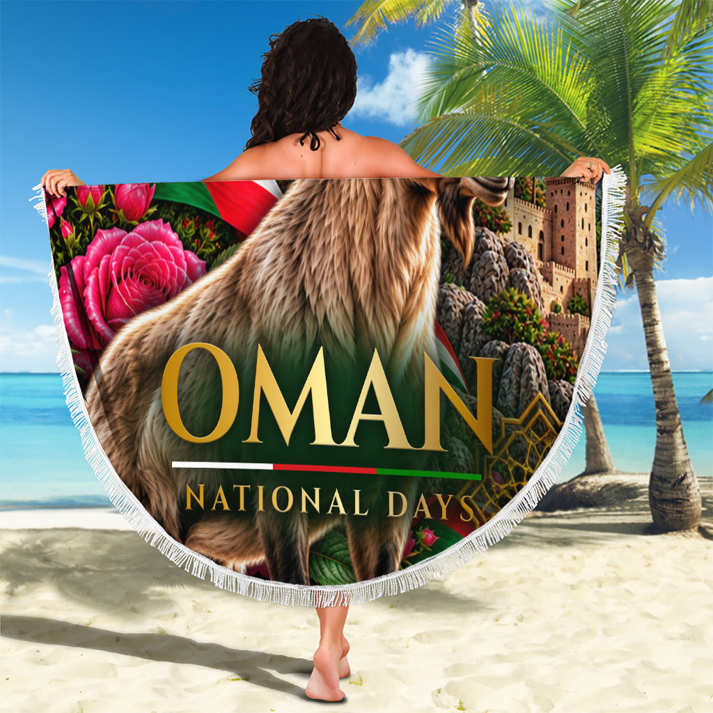 Oman National Days Ibex Beach Blanket Pink Rose Geometric Heritage