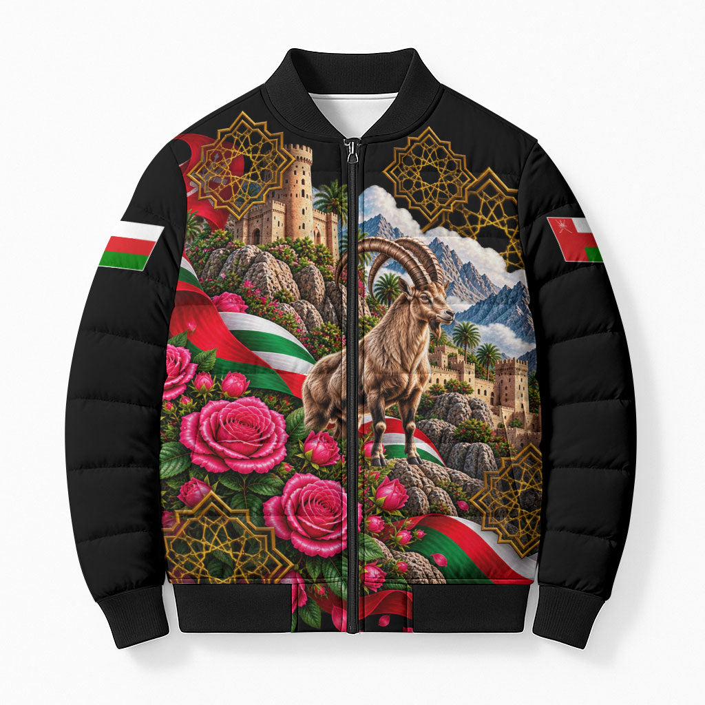 Oman National Days Ibex Bomber Puffer Jacket Pink Rose Geometric Heritage