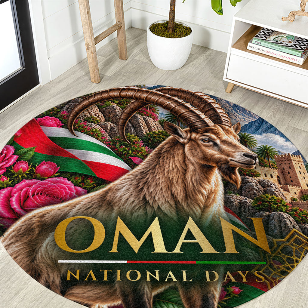 Oman National Days Ibex Round Carpet Pink Rose Geometric Heritage