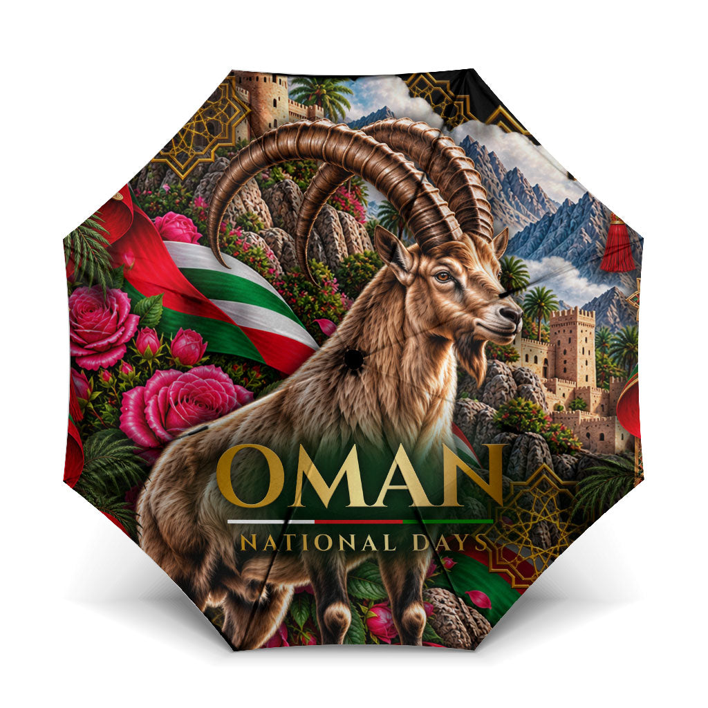 Oman National Days Ibex Umbrella Pink Rose Geometric Heritage