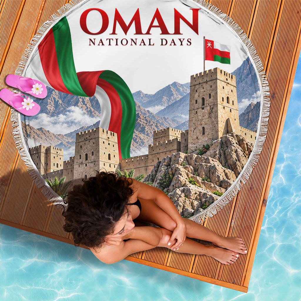 Oman National Days Flag Beach Blanket Nakhal Fort Mountain