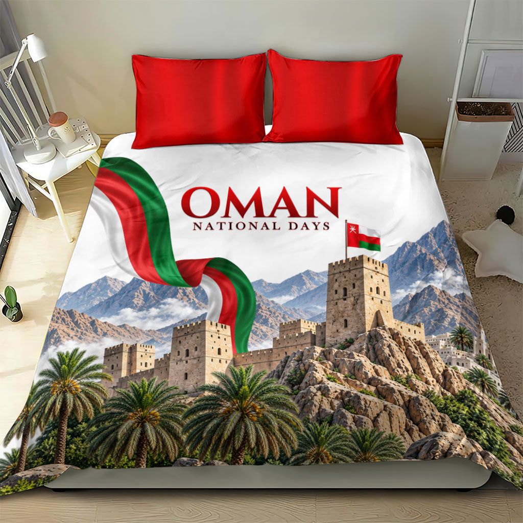 Oman National Days Flag Bedding Set Nakhal Fort Mountain