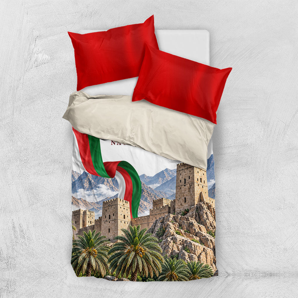 Oman National Days Flag Bedding Set Nakhal Fort Mountain