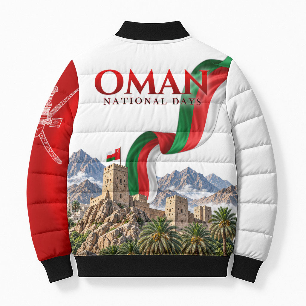 Oman National Days Flag Bomber Puffer Jacket Nakhal Fort Mountain
