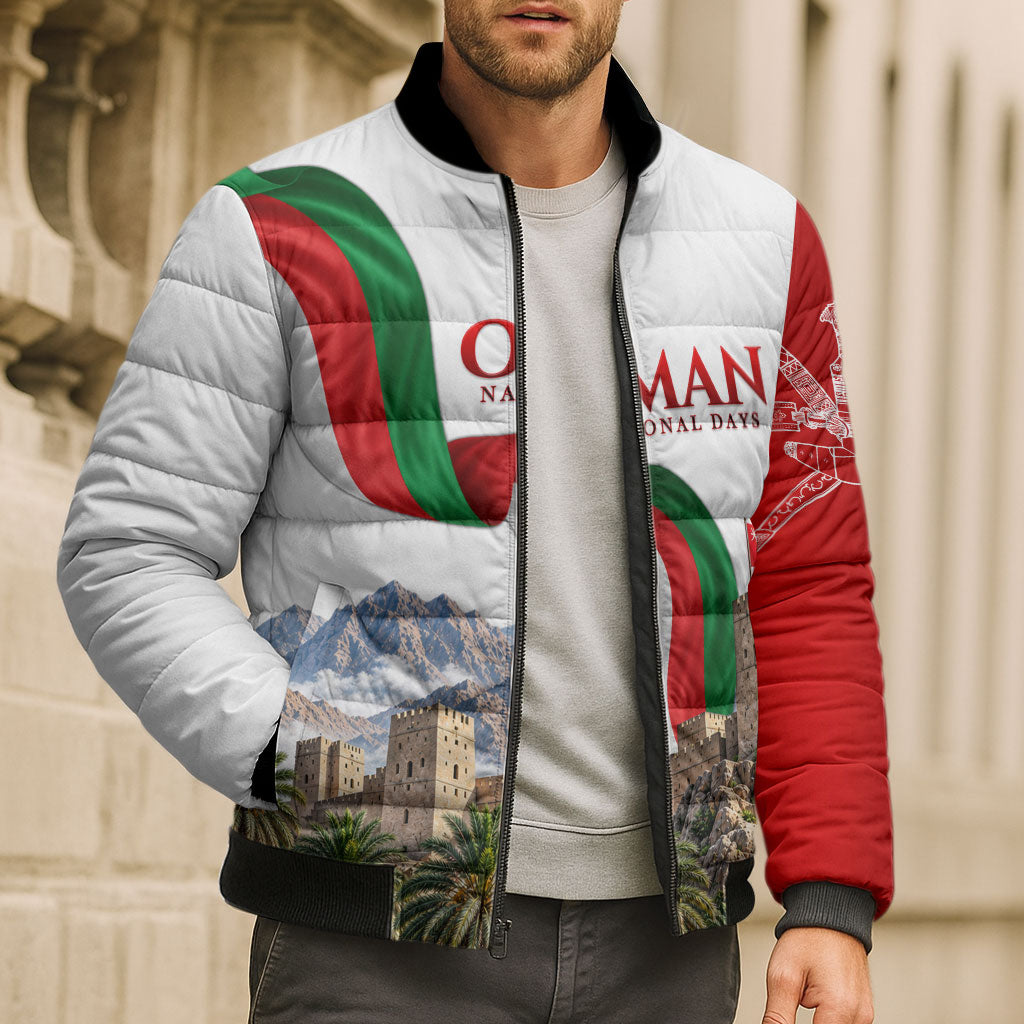 Oman National Days Flag Bomber Puffer Jacket Nakhal Fort Mountain
