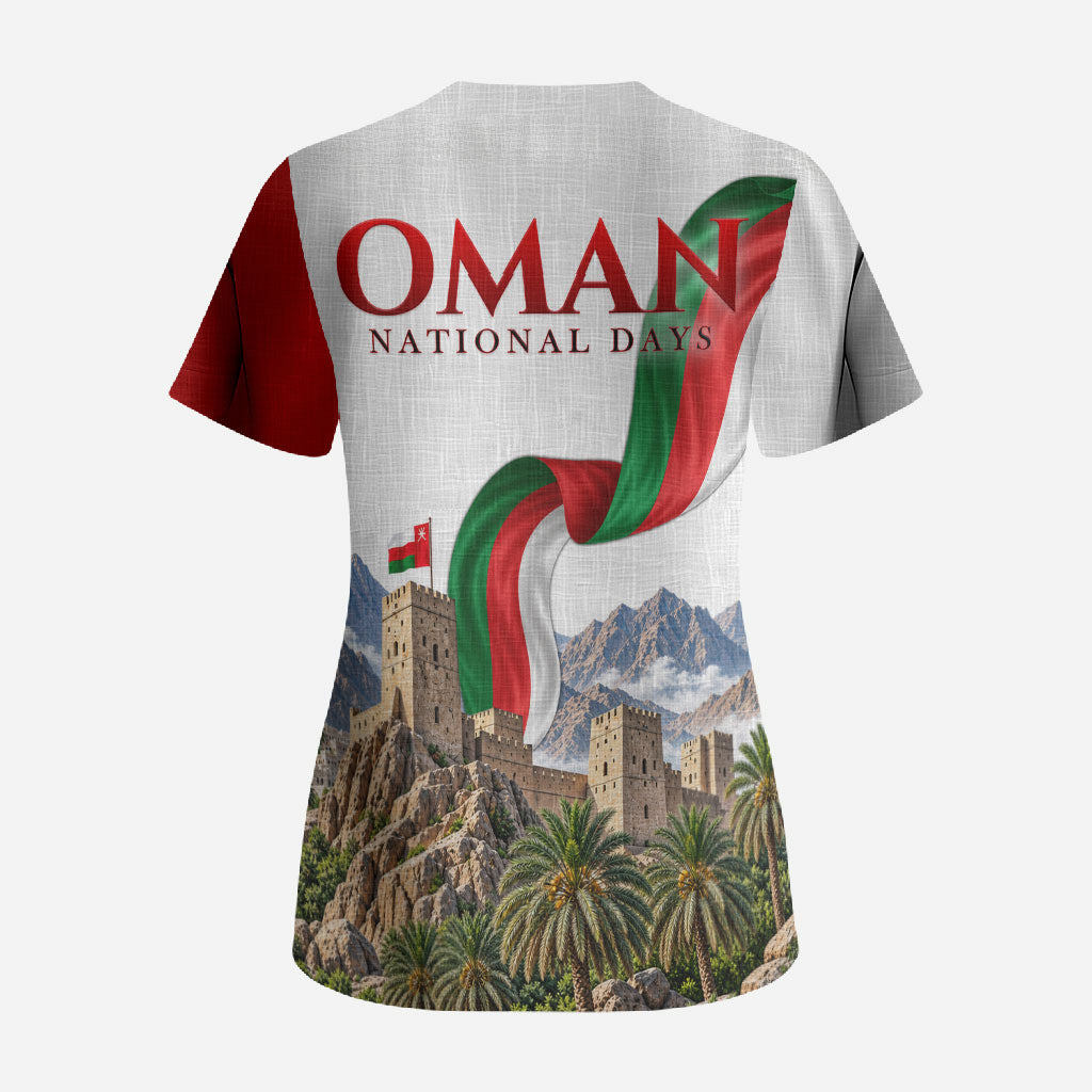 Oman National Days Flag Scrub Top Nakhal Fort Mountain