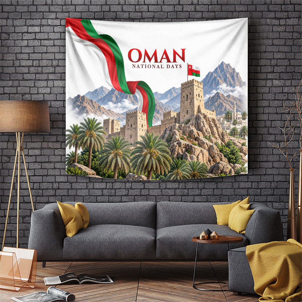 Oman National Days Flag Tapestry Nakhal Fort Mountain