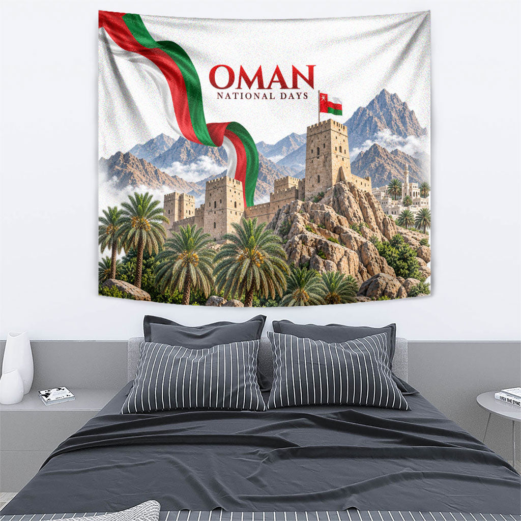 Oman National Days Flag Tapestry Nakhal Fort Mountain