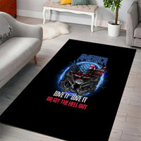 Black area rug with America eagle graphic, blue AMERICA text and red "GET THE HELL OUT"