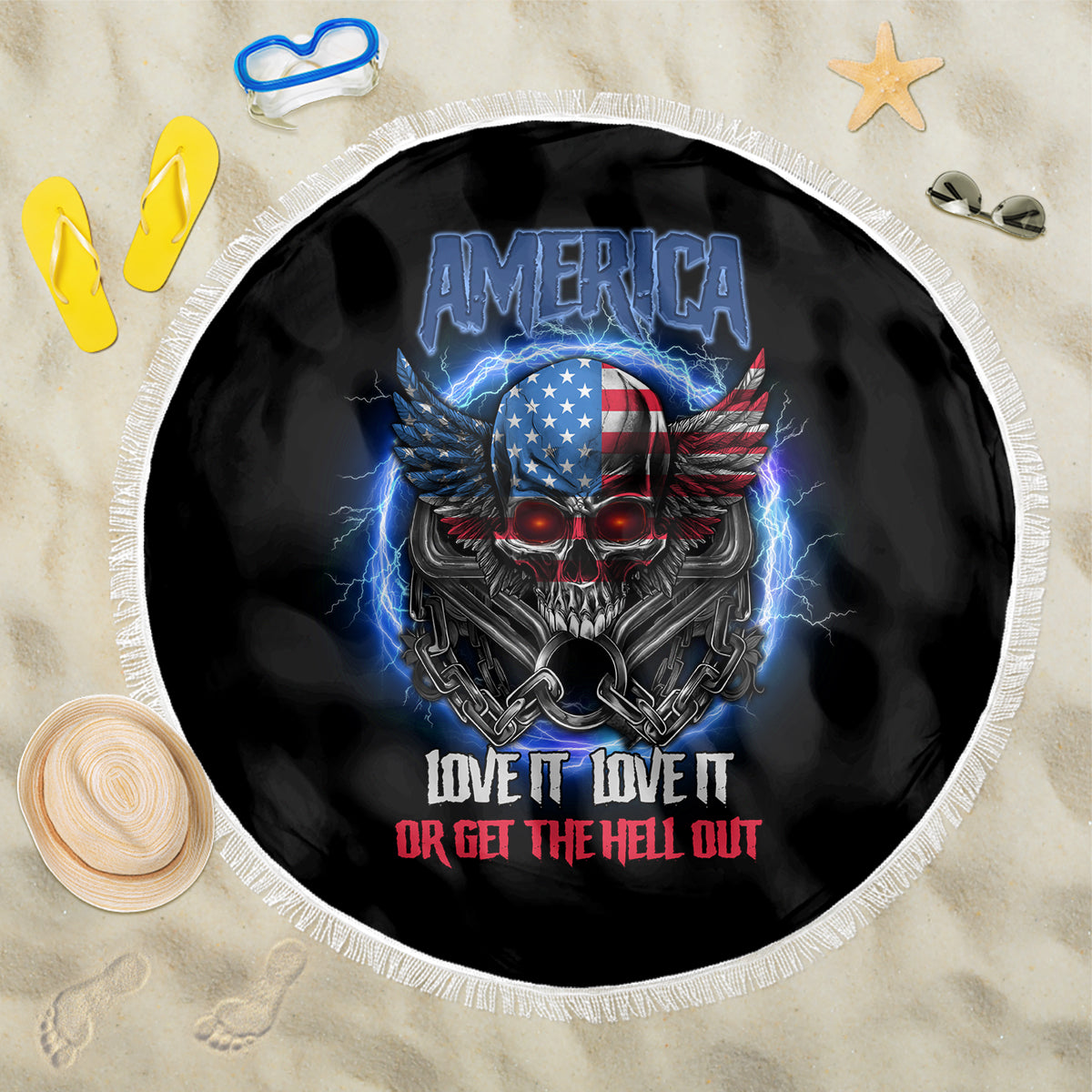 Round black beach blanket with white fringe, blue lightning America graphic and slogan text.
