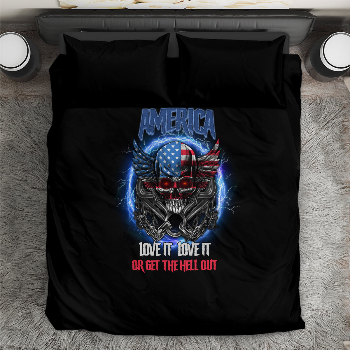 Black duvet cover bedding set with America winged skull graphic and slogan