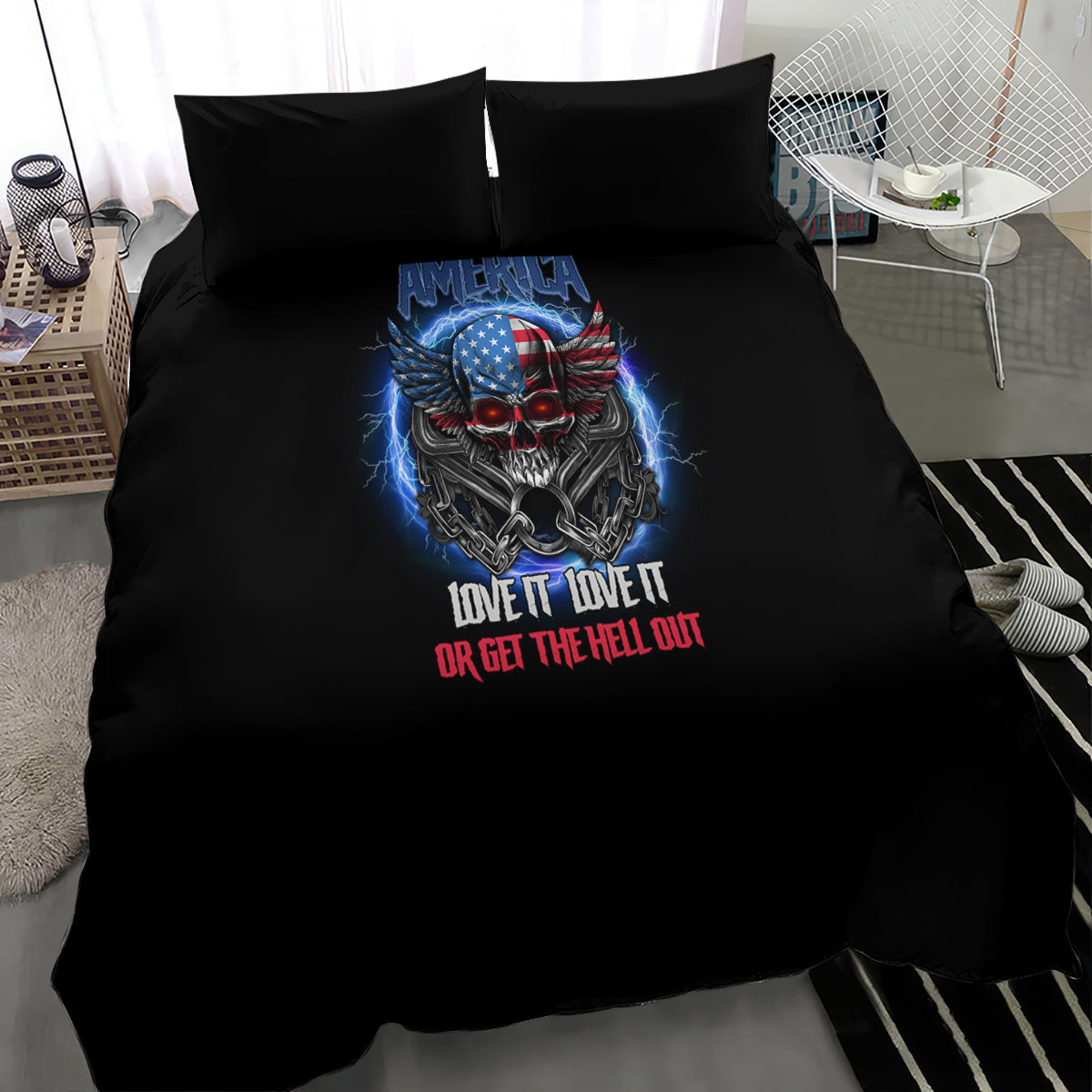 Black bedding set with America skull graphic and 'LOVE IT LOVE IT OR GET THE HELL OUT'