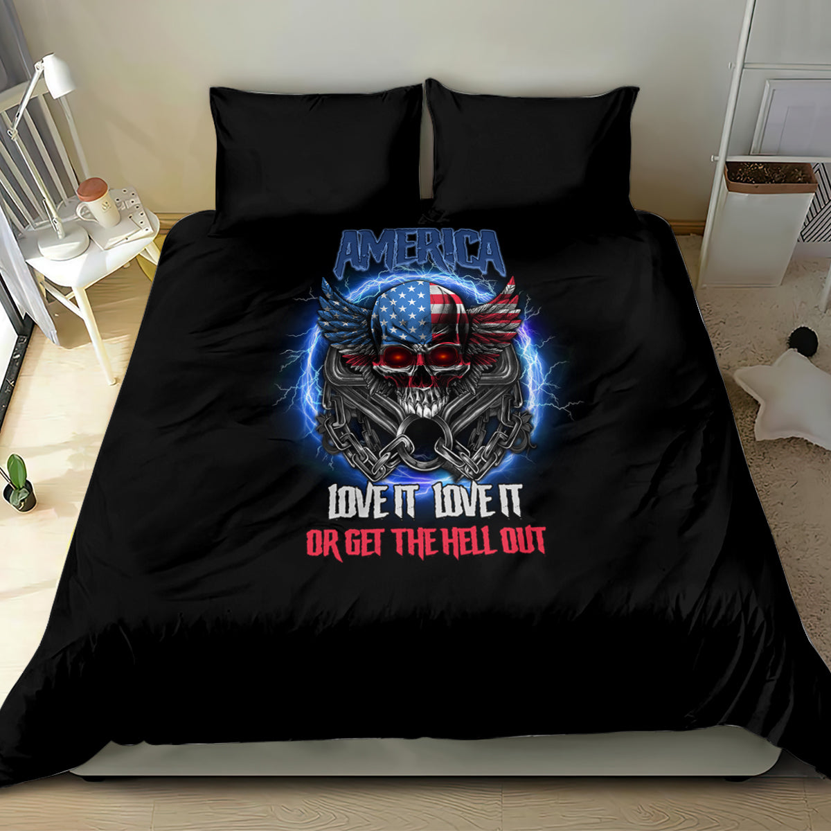 Black bedding set with America winged skull graphic on duvet center and pillowcases