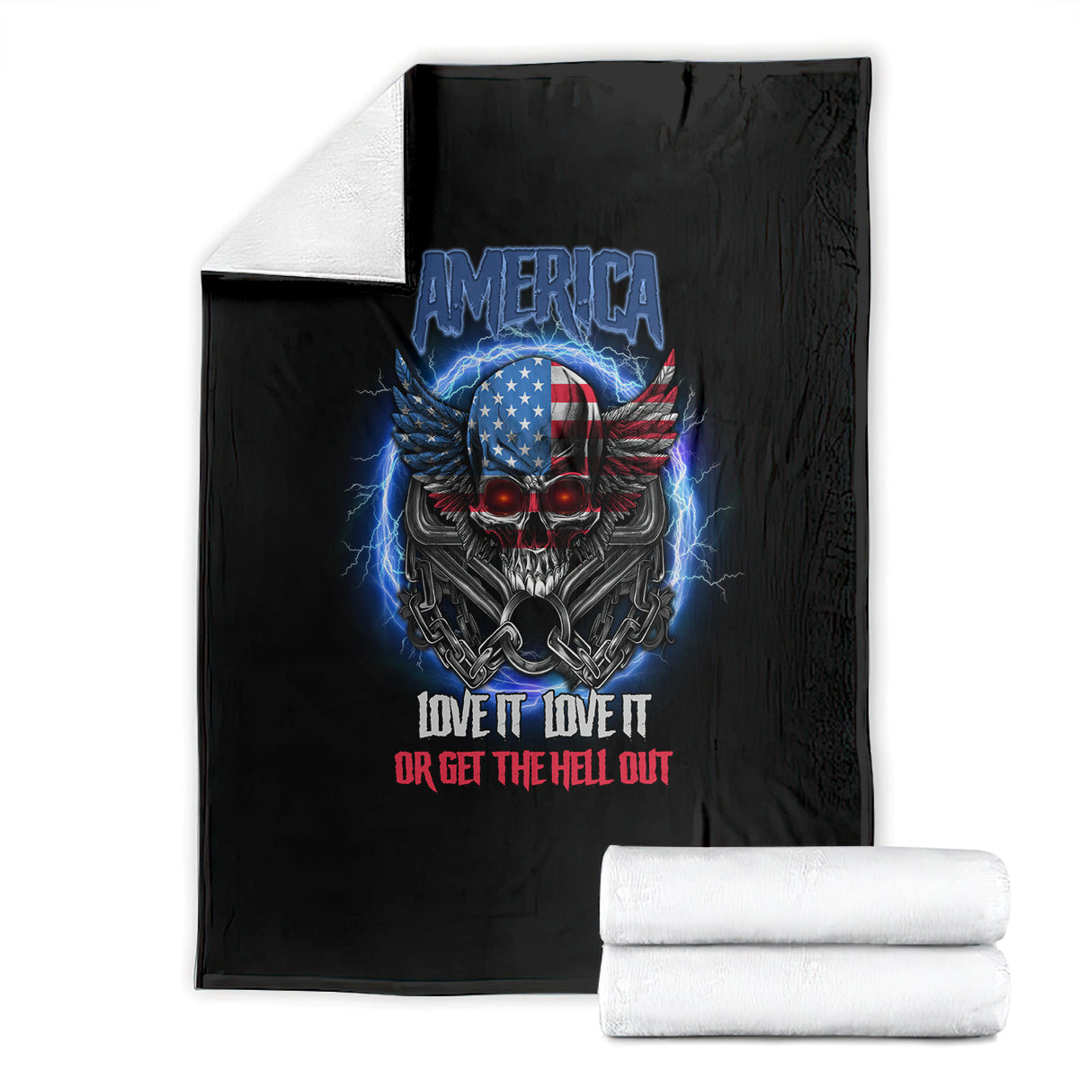 Black throw blanket folded with America eagle skull graphic and patriotic slogan.