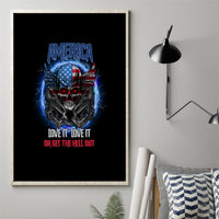 Framed canvas wall art with blue America skull and wings, red slogan text on black