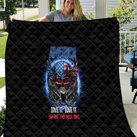 Black quilt with diamond quilting and patriotic skull graphic, shown front-on