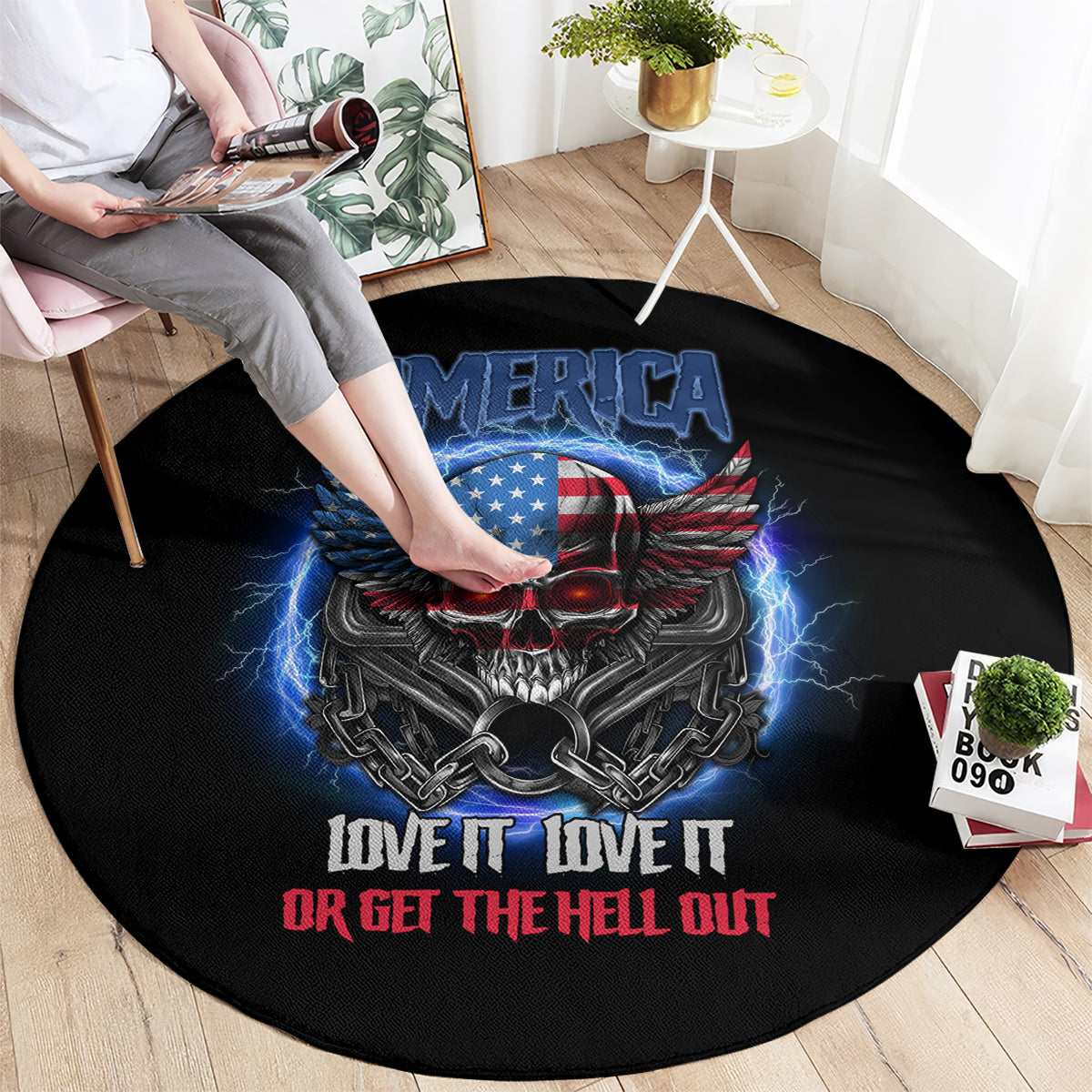 Round black graphic carpet with America skull, chains, wings, and LOVE IT text