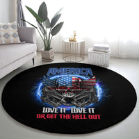 Round black graphic carpet with America skull, chains and wings, LOVE IT OR GET text