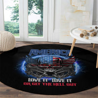 Round black graphic carpet with America skull, chains and wings, LOVE IT OR GET