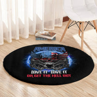 Round black graphic carpet with America skull, blue glow, LOVE IT OR GET THE HELL OUT