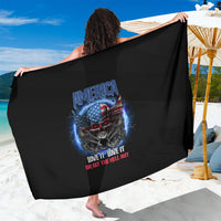 Black printed sarong with America skull graphic, held stretched wide