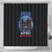 Black shower curtain with centered eagle skull graphic and red/blue patriotic text