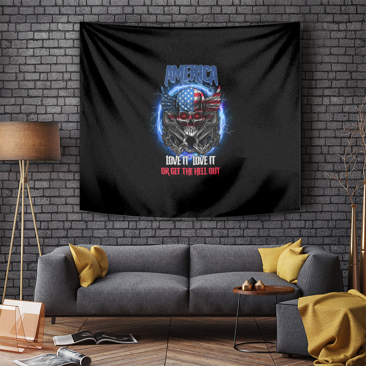 Black tapestry with America eagle skull graphic, blue glow accents, and red slogan text.