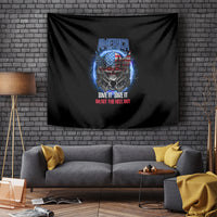 Black tapestry with America eagle skull graphic, blue glow accents, and red slogan text.