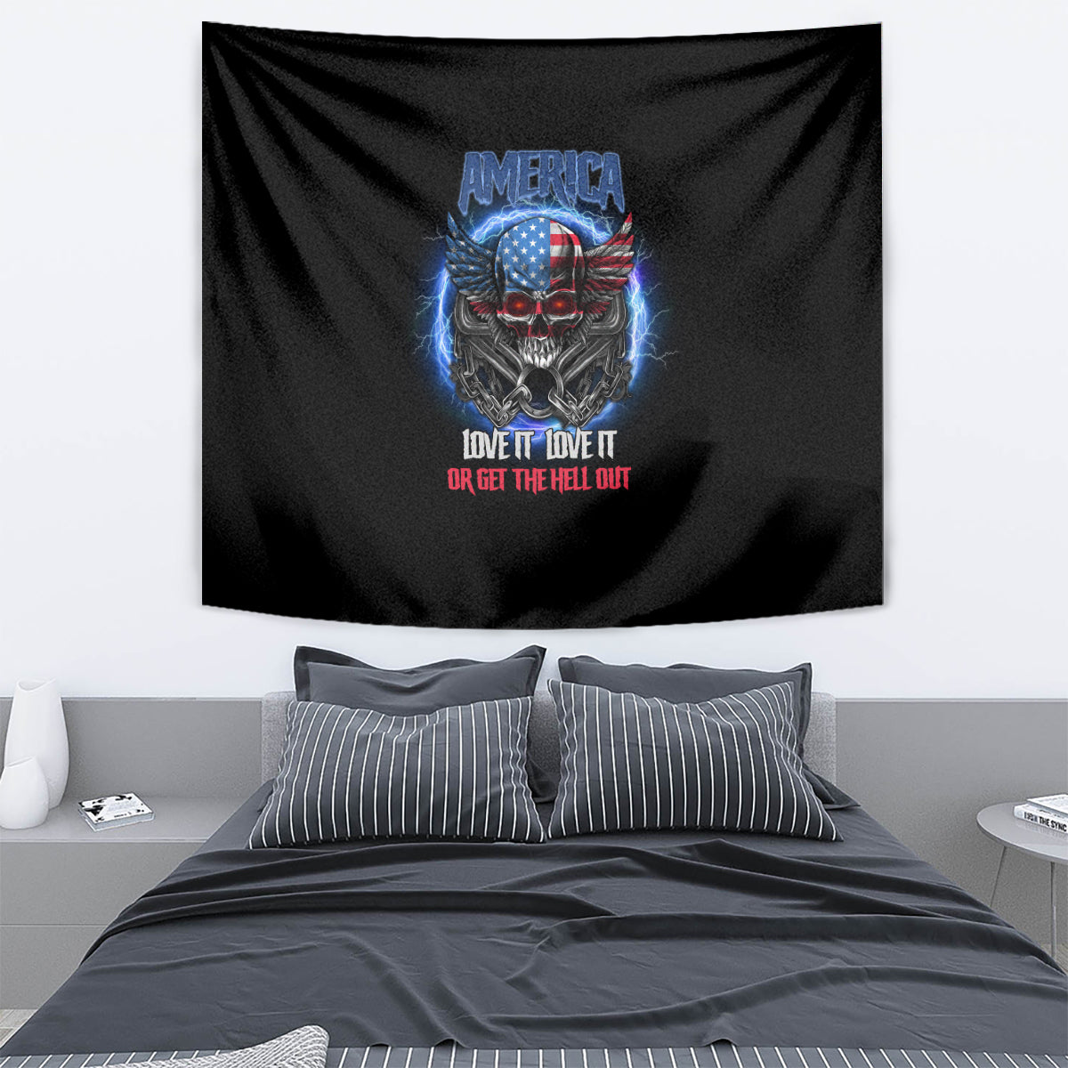 Black tapestry wall hanging with America eagle skull graphic and red/blue slogan text.