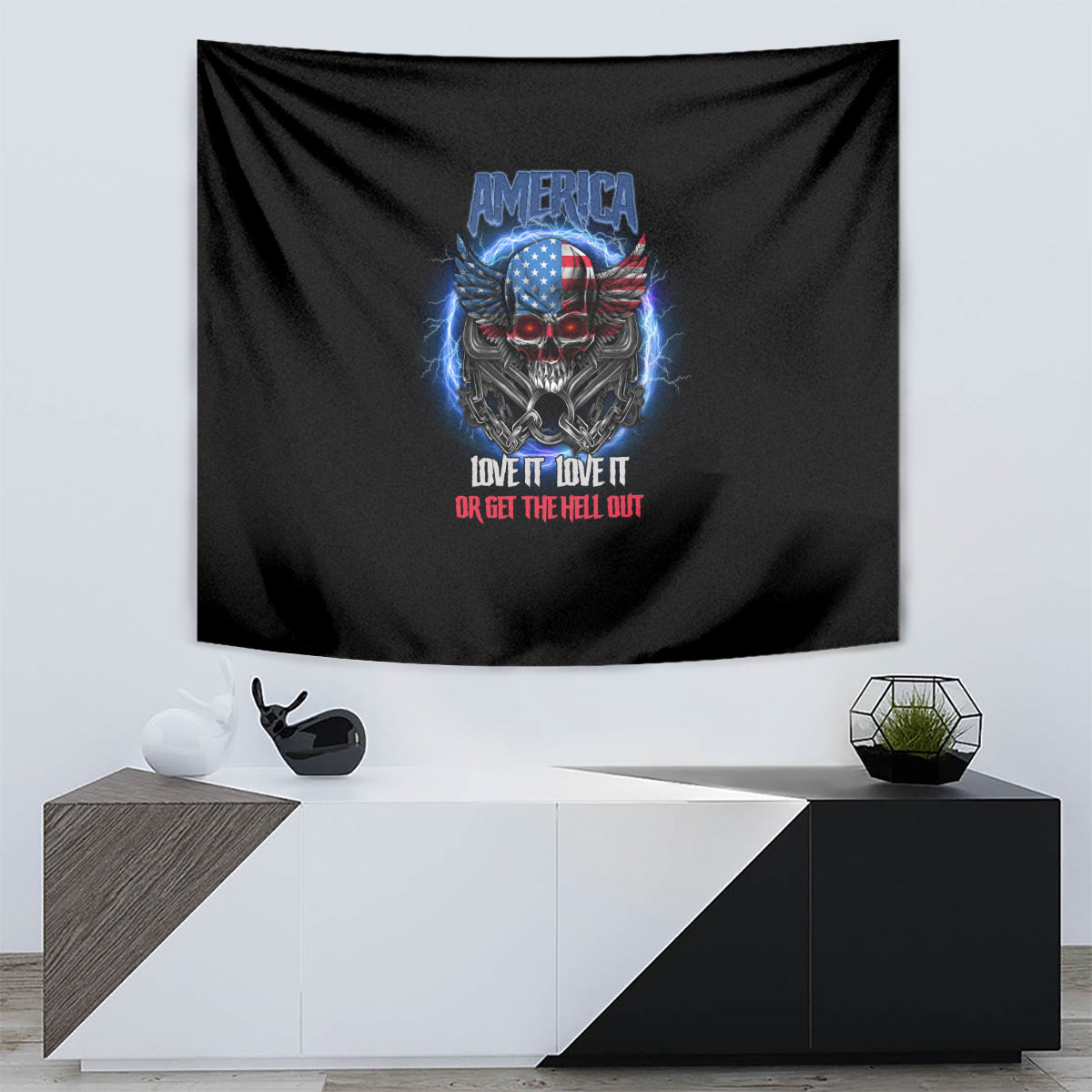 Black tapestry wall hanging featuring America eagle skull and red 'LOVE IT' slogan text.