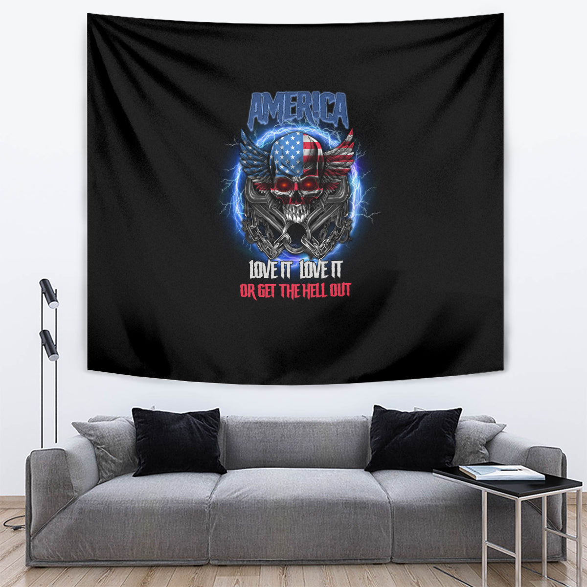 Black tapestry wall hanging with America eagle skull and red 'GET THE HELL OUT' text.