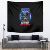 Black tapestry wall hanging with America eagle skull and red 'GET THE HELL OUT' text.