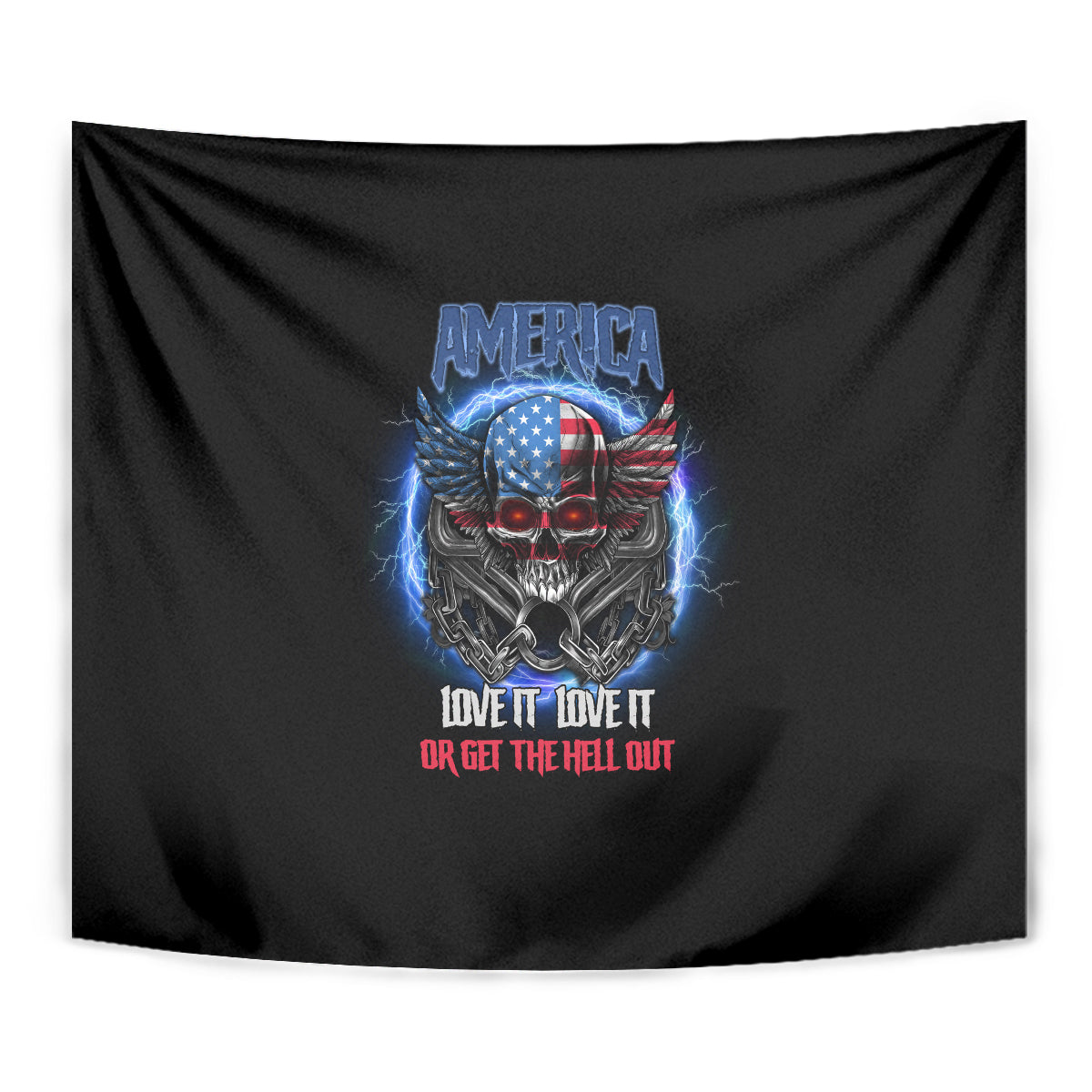Black tapestry wall hanging close view of America eagle skull graphic and red slogan.