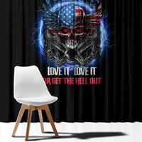 Black window curtain panel with blue-red eagle skull graphic and bold slogan print