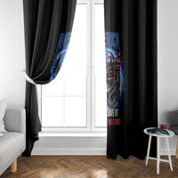 Black window curtain panels with blue-red skull eagle graphic framing a window opening