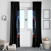 Black window curtain panels with blue-red eagle skull print and slogan on both sides