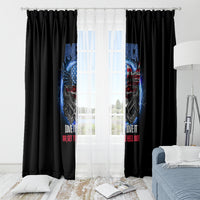 Black window curtains with blue-red eagle skull graphic and slogan, hung on rod
