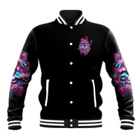 Black baseball jacket with colorful front graphic, snap-button front, striped collar and cuffs.