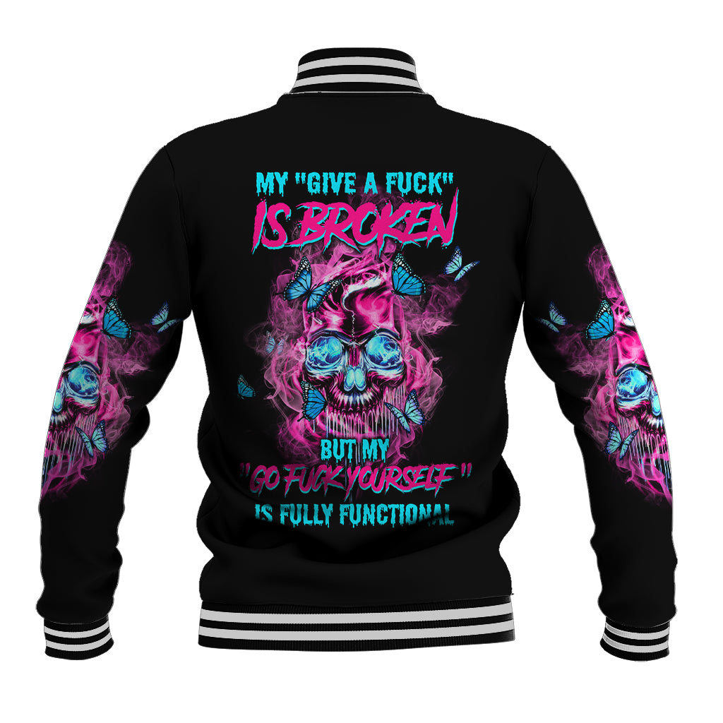 Black baseball jacket, back skull graphic with teal/pink text, striped rib-knit trim.