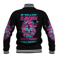 Black baseball jacket, back skull graphic with teal/pink text, striped rib-knit trim.