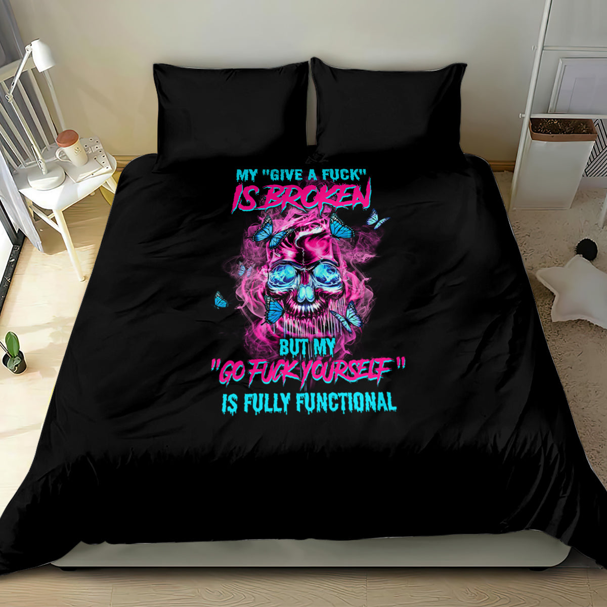 Black duvet bedding set with colorful skull graphic and two pillowcases