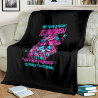 Black sofa throw blanket with colorful skull artwork and bright slogan