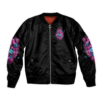 Unisex black bomber jacket with front zipper and colorful skull graphic sleeves