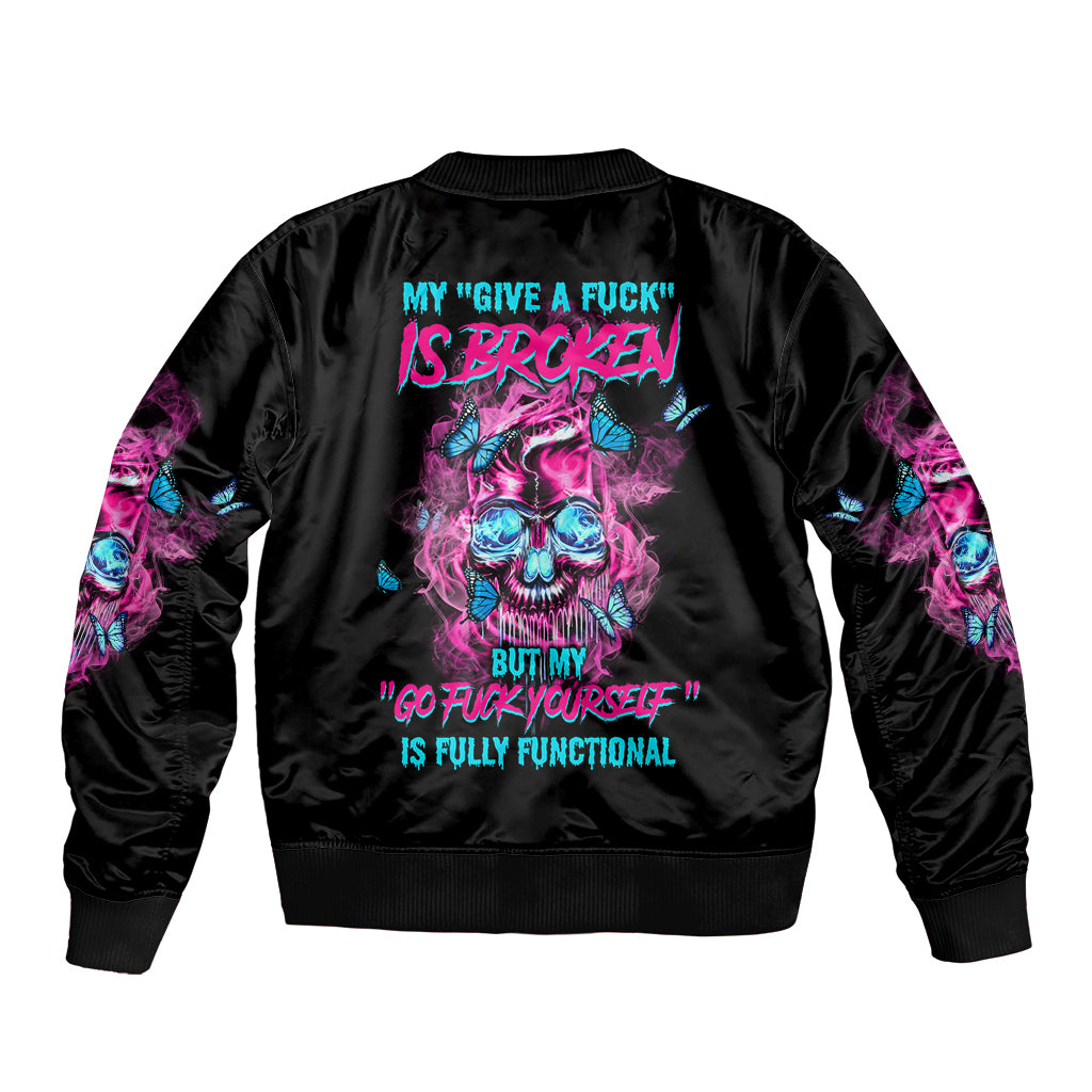 Unisex black bomber jacket with back text and colorful skull graphic, ribbed hem