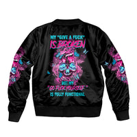 Unisex black bomber jacket with back text and colorful skull graphic, ribbed hem
